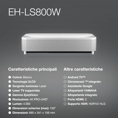 Epson EH-LS800W - Proyector láser Pro-UHD 4K 16:9, óptica Ultra Corta EpiqVision, Smart Android TV, 4000 lúmenes, Bluetooth/HDMI/USB/WLAN, Chromecast, sorround 3D Yamaha, Proyección máx. 150" Blanco