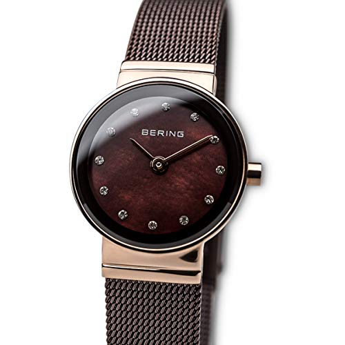 BERING 10122-265 Reloj de cuarzo para mujer con caja de acero inoxidable de 22 mm con acabado en oro rosa y esfera marrón, correa milanesa, cristal de zafiro y resistencia al agua de 3 ATM