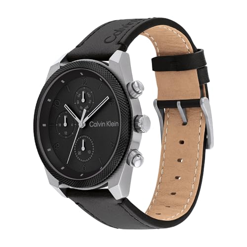 Calvin Klein Reloj Analógico de Cuarzo Multifunción para Hombre Colección Impact con Correa de Cuero Negra - 25200364