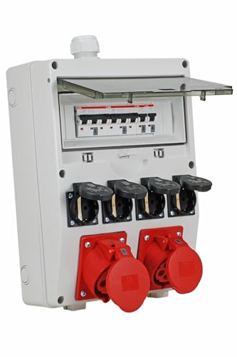 EHMANN Distribuidor de pared profesional, entrada M32 para cable, con disyuntores, Made in Germany, 6 salidas (1 x CEE 32 A / 1 x CEE 16 A / 4 x 230 V~), K2, BGI-GUV-I608