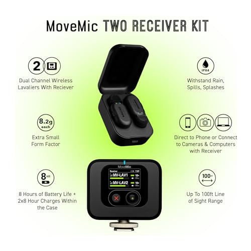 Shure MoveMic Two Kit- Pro Direct to Phone Micrófono inalámbrico Lavalier para iPhone y Android, Bluetooth Mini Mic, Carga de 24 horas, Configuración rápida, IPX4, Portable Clip Lavs (MV-TWO-KIT-Z6)