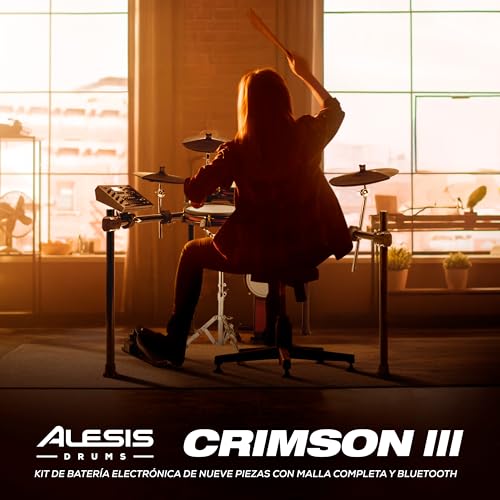 Alesis Crimson III - Set de Batería Eléctrica, Bluetooth, MIDI, Parches de Malla Doble Zona, Ride Triple Zona, Platillos con Choke, Lecciones de Drumeo y BFD, Admite Doble Bombo, Rojo