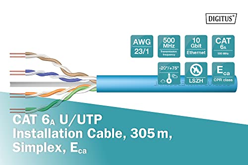 DIGITUS 305 m de Cable de red Cat 6A, U-UTP Simplex, BauPVO Eca, LSZH Libre de Halógenos, 500 MHz de cobre AWG 23/1, Compatible con PoE+, Cable LAN Cable de instalación Cable Ethernet, Azul
