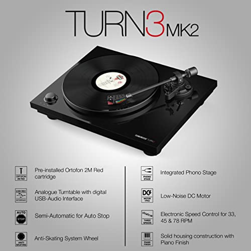 Reloop Turn 3 MK2 | Auténtico Tocadiscos HiFi accionado por Correa con función de grabación USB, Cartucho Ortofon 2M Red premontado, Control de Motor Integrado (33/45/78 RPM)