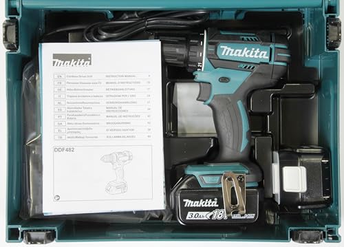 Makita DDF482RFJ drill Negro, Azul 1900 RPM 1,5 kg - Taladro eléctrico (1900 RPM, 1,3 cm, 3,8 cm, 36 Nm, 62 Nm, 600 RPM)