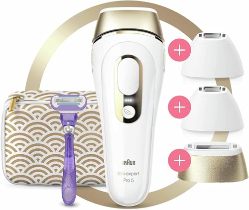 Braun Silk-expert Pro 5 Depiladora Mujer Luz Pulsada IPL, con 2 Cabezales Standar y 2 de Precisión, Alternativa a la Depilación Láser en Casa, Regalos Originales para Mujer, PL 5137MN, Blanco/Dorado