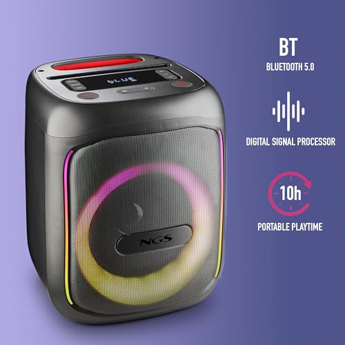 NGS Wild Swag Go - Altavoz Portátil, Compatible con la Tecnología Bluetooth 5.0, True Wireless Stereo, Luces y Pantalla LED, Entrada USB, Audio TF y Auxiliar, 24 x 23 x 30 cm, 80 W, Color Negro
