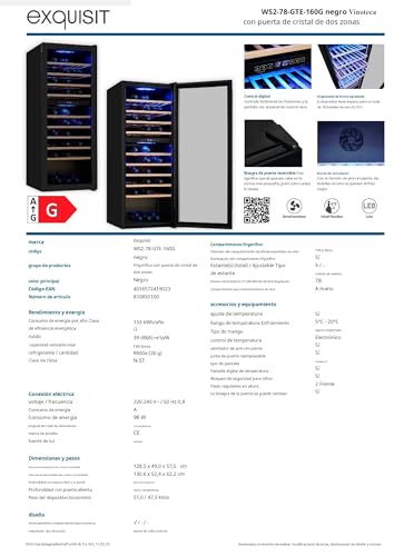 Exquisit® Vinoteca para 78 Botellas, 194L, Negro, Clase G, Doble Zona de Temperatura 5-20°C, Control Digital, Puerta de Cristal Reversible, Iluminación LED, 9 Estantes, Medidas (128,5 x 49 x 57,5 cm)