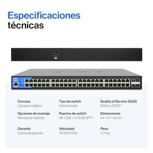 Linksys LGS352MPC-EU switch PoE+ de red Gigabit de 48 puertos a 740 W con 4 ranuras SFP+ 10G de subida, conmutador Ethernet administrado inteligente con carcasa metálica y montaje de sobremesa/pared
