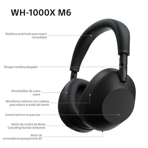 Sony WH-1000XM6 Auriculares Bluetooth inalámbricos con Noise Cancelling, Sonido de Alta resolución, cómodos, diseño Plegable, Estuche Resistente, 30 Horas de batería, iOS y Android - Negro