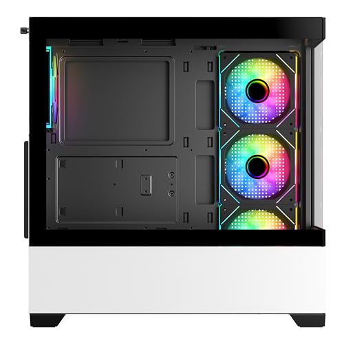 SaharaGaming SG520 con 3 Ventiladores ARGB de Espejo Blanco de 12 cm y Mini Ventilador PWM con Carcasa templada para Juegos con USB 3.0 y USB 2.0, soporta AIO de hasta 360 mm, Fuente de alimentación