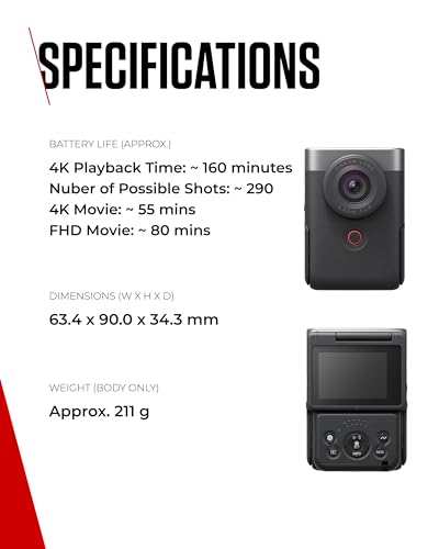 Canon Powershot V10 Vlogging Kit + Accesorios, Cámara Vlogging y Streaming, Sensor 1" 20,9 MP, Vídeo 4K, Objetivo 19mm, Conectividad WiFi, Bluetooth y USB-C, Pantalla Táctil Ángulo Variable, Silver
