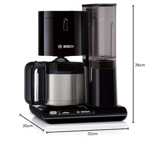Bosch TKA8A053 Styline - Cafetera de filtro, jarra térmica, ajuste automático, tiempo de preparación, depósito de agua extraíble (1 L), 1100 W, color negro