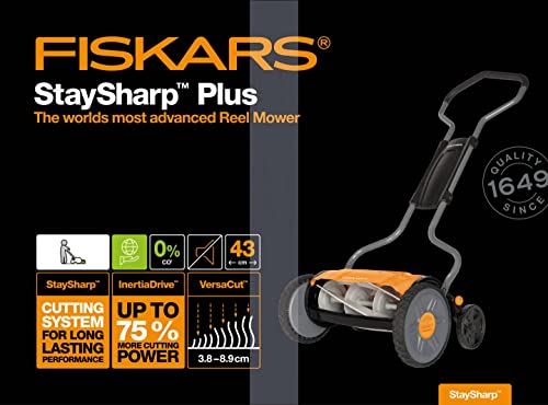 Fiskars Cortacésped manual, Cortacésped cilíndrico con sistema de corte sin fricción de las cuchillas, Largo de corte: 43 cm, StaySharp Plus, Negro/Naranja/Plateado, 1015649