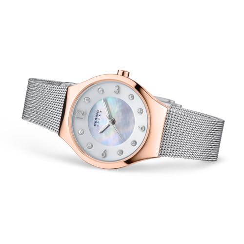 BERING 14427-060 Reloj Solar para Mujer con Caja de Acero Inoxidable de 27 mm con Acabado en Oro Rosa y Esfera Blanca, Correa milanesa, Cristal de Zafiro y Resistencia al Agua de 5 ATM