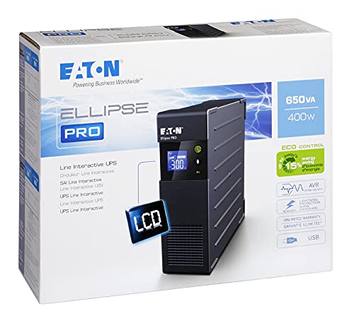 Eaton Ellipse PRO 650 FR sistema de alimentación ininterrumpida (UPS) 4 salidas AC 650 VA 400 W - Fuente de alimentación continua (UPS) (650 VA, 400 W, 165 V, 285 V, 220 V, 240 V)