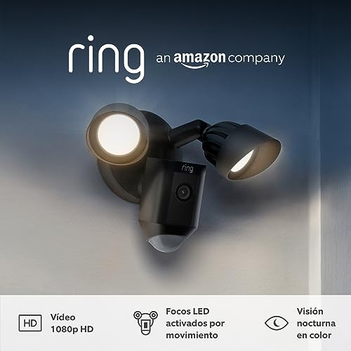 Ring cámara Plus con focos cableada (Floodlight Cam Wired Plus) | Cámara de vigilancia exterior wifi con vídeo HD, comunicación bidireccional, focos LED, sirena integrada | 30 días gratis de Ring Home