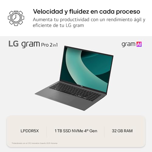 LG gram 16Z90T-G.AD88B Portátil 16 Pulgadas, WQXGA IPS, Intel Core Ultra7, 3GB RAM, 1TB SSD, 1.199 g, Antirreflejo, Batería hasta 22.5h, Windows 11, Negro