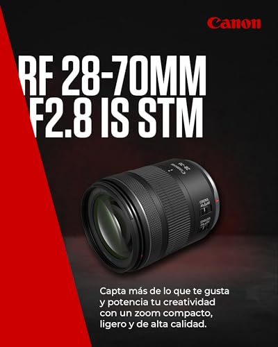 Objetivo zoom estándar Canon RF 28-70mm F2.8 IS STM para cámaras del sistema EOS R con estabilizador de imagen de 5,5 pasos sellado contra las inclemencias meteorológicas y un diseño compacto y ligero