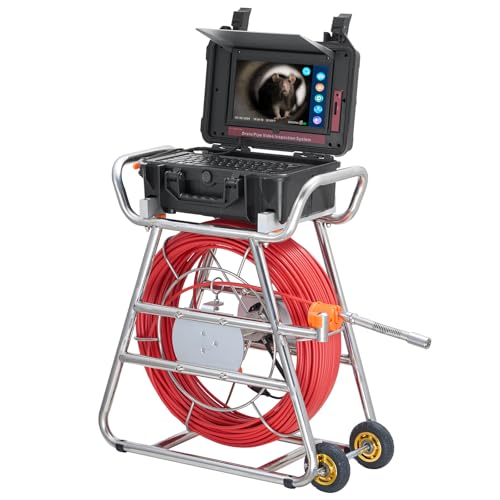 VEVOR Cámara de Alcantarillado, 100 m, Cámara de Drenaje Autonivelante con Pantalla Táctil, Transmisor de 512 Hz y Contador de Distancia, con Luces, 12 LED, Tarjeta de 32 GB, 555 × 275 × 665 mm