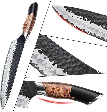 SHAN ZU Juego de Cuchillos de Cocina con Bloque, Set de Cuchillos Japonés Forjado a Mano, Acero 10Cr15MOV de 7 Capas, Bloque de Cuchillo con Afilador Profesional, Mango de Madera de Arce