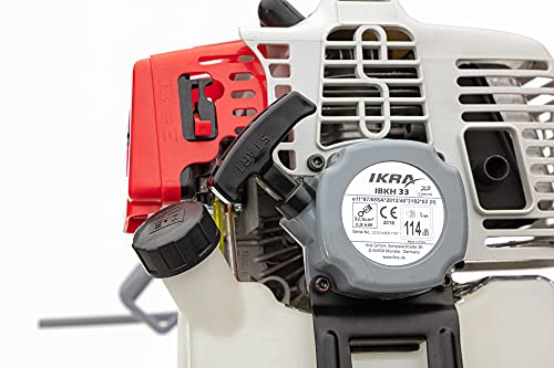 IKRA 73046710 Herramienta multifunción a Gasolina IBKH 33, 4en1: cortabordes, desbrozadora, Cortasetos telescópico y podadora de Altura, 900 W, Gris, Rojo y Negro