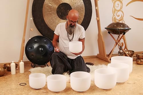 Crystal Singing Bowl Set Frosted 440Hz (7 Crystal Singing Bowls, 8-14") incl. 3 Mallets (Wood, Crystal Half, Crystal Full)