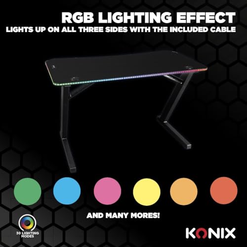 Konix Escritorio Gaming Spectra 120 x 60 x 75 cm en Forma de Z - 30 Modos luz LED - Estructura metál - Portavasos - Soporte para Auriculares - Negro