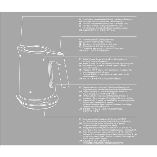 WMF Kineo Hervidor de agua con ajuste de temperatura, 1,6 l, filtro de cal, 3000 W, indicador de temperatura en vivo, hervidor eléctrico de agua de acero inoxidable mate