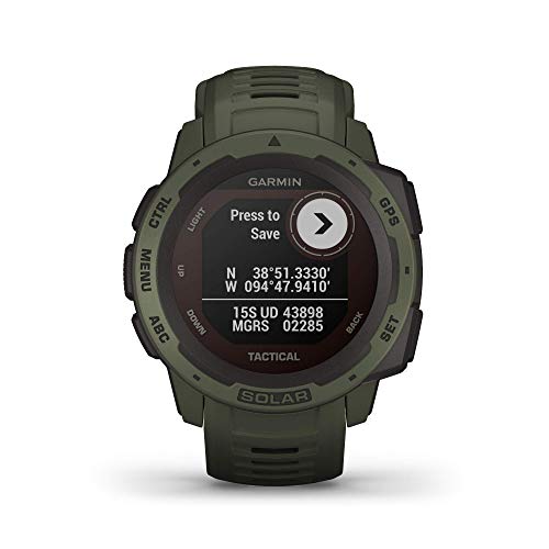 Garmin Instinct Tactical Solar, Reloj inteligente con GPS resistente al agua, func. tácticas, función de carga solar, func. deportivas, pulsioximetría y notificaciones del smartphone, Verde Militar