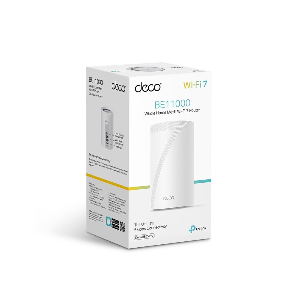 TP-Link WiFi 7 Deco BE65 Pro Mesh WiFi, BE 9300Mbps Tri-Band, Canales 320MHz, 2 Puertos 5Gbps, Puerto 2,5Gbps, Alexa, HomeShield, MLO, Funciona con Cualquier ISP y módem, 4 Antenas internas, 1pack