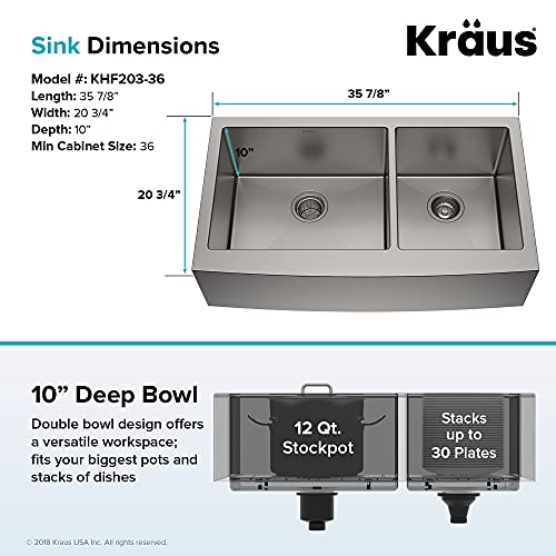 Kraus KHF203-36 36 inch Farmhouse Apron 60/40 Double Bowl 16 gauge Stainless Steel Kitchen Sink