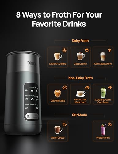 Dreo Espumador de leche, espumador eléctrico 8 en 1 para café latte art, 270 ml, espuma caliente y fría, espumadores automáticos para leche láctea y no láctea, LED, fácil de limpiar, aire BaristaMaker