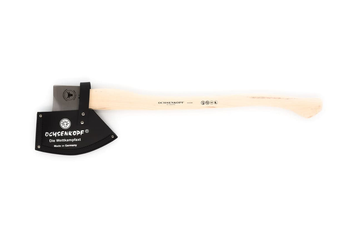 OCHSENKOPF Hacha deportiva, Empuñadura de madera de pacana, Funda para la hoja, Hoja de 190 mm, Longitud 800 mm, Con forma de pata de vaca, OX 440 H-2708