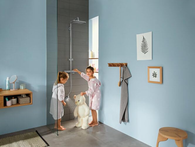 hansgrohe Croma E - sistema de ducha con termostato, ducha lluvia (280 x 170 mm) con grifo, ducha de mano (3 tipos de chorro), flexo, barra, ducha fija rectangular (1 tipo de chorro), cromo