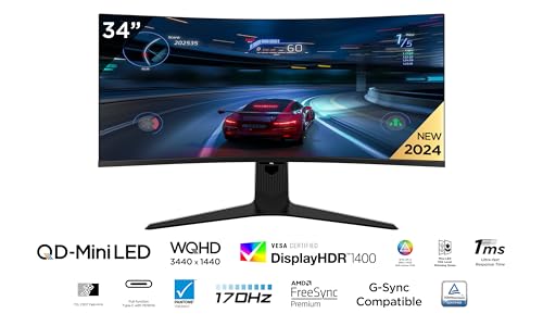 TCL 34R83Q 34 pulgadas WQHD Mini-LED 1500R Monitor Gaming Curvo, 170Hz, 1ms de tiempo de respuesta, AMD FreeSync™ Premium, Resolución 3440 x 1440, 21:9, 1600nits, Display HDR1400, Flicker Free, Tipo-C