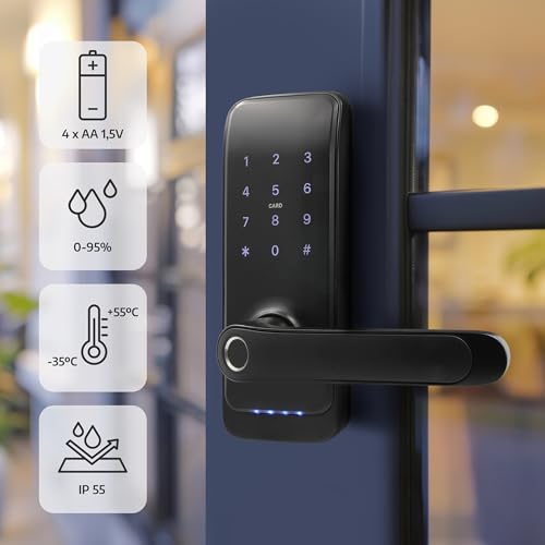 EURA ELH-01H4 Cerradura de puerta inteligente con manija Cerradura de código 13.56MHz Lector de proximidad lector biométrico IP65 Espaciado de cerrojo universal Negro