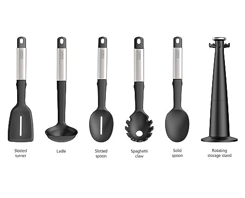 Joseph Joseph Elevate Utensilios de Cocina de Silicona, 5 Piezas, Accesorios sin BPA, Antiadherentes, Resistentes al Calor, Mango en Acero Inoxidable, con Soporte Giratorio