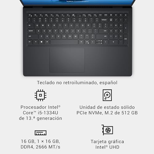 Dell 15 Ordenador PortátilDC15250 15.6" FHD (1920 x 1080) 120 Hz, Procesador Intel Core i5-1334U, Gráficos Intel UHD, 16GB RAM, 512GB SSD, Windows 11 Home, Teclado QWERTY Espanol - Negro Carbón