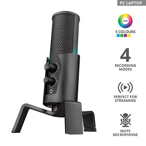 Trust Gaming GXT 258 Fyru Micrófono Gaming USB 4 en 1, Micro con Luces LED, 4 Patrones de Grabación, Micrófono PC para Podcasts, Vlogs, Streaming, Youtube, Twitch, PS4, PS5 - Negro