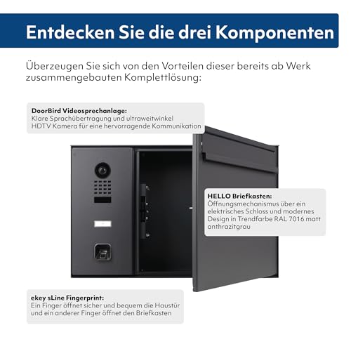 Hello - Buzón con Sistema de videoportero IP DoorBird D1100E y ekey sLine Fingerprint – Buzón Inteligente, Apertura por Dedo, Montaje en Pared, Acero Inoxidable, Gris Antracita Mate RAL 7016