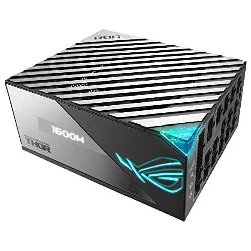 ASUS ROG Thor 1600W Titanium - Fuente de alimentación Modular (1600 Watios, 80+ Titanium, Lambda A++, MOSFETs de nitruro de galio, Disipadores ROG, Ventilador 135mm PWM, 0dB, Panel OLED)