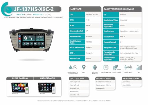 Radio de Coche para Hyundai IX35 con GPS, telecamera, ampli e LCD Grande di Serie Android GPS Bluetooth WiFi USB Dab+ Touchscreen 7" 8core Carplay AndroidAuto