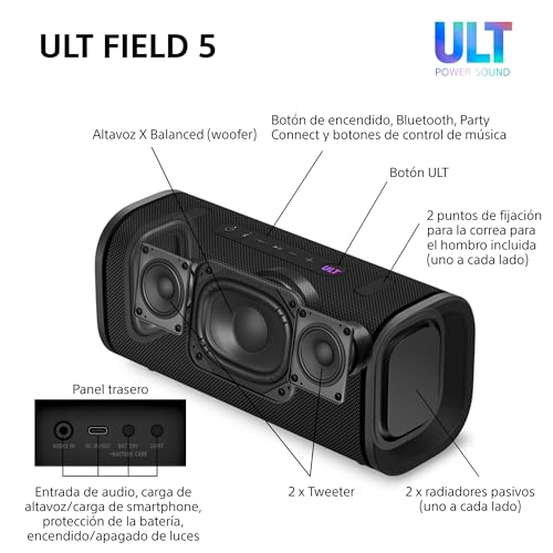 Sony ULT Field 5, Altavoz portátil Bluetooth Potente, 25 H de batería, 2 Modos ULT Power Sound, Resistente al Agua y al Polvo, 360 Luces, Correa Extraible para el Hombro, Compacto, Negro