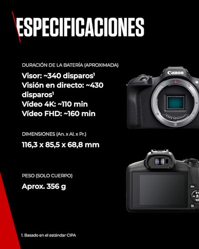 CANON EOS R100 Cámara Mirrorless + Objetivo RF-S 18-45 mm F4.5-6.3 IS STM + RF-S 55-210 mm F5-7.1 IS STM, Cámara Evil APS-C (24,1 MP) -4 EV, Vídeo 4K 25 fps, Dual Pixel CMOS AF, Negro