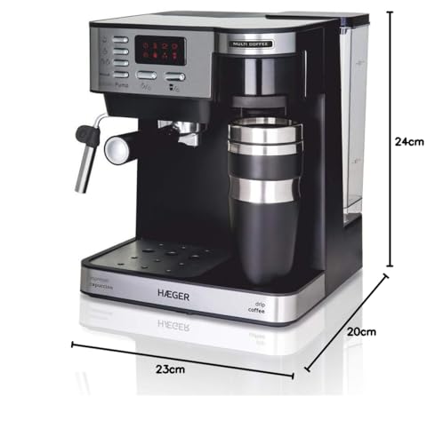 HAEGER Multi Coffee - Cafetera Espresso con 1450w, Capacidad: 1,2L - Pantalla de LED, Boquilla de Espuma y Bandeja de Goteo Desmontable, Cesta del Filtro extraíble y Lavable.