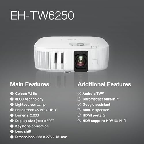 Epson EH-TW6250, Proyector 4K Pro-UHD Home Cinema & Gaming con Android TV, 2800 lúmenes, Contraste 35.000:1, Lámpara Larga Duración 7500 Horas, Pantalla hasta 500”, Tecnología 3LCD