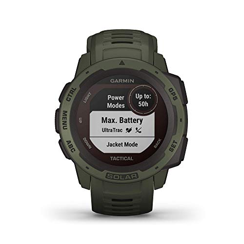 Garmin Instinct Tactical Solar, Reloj inteligente con GPS resistente al agua, func. tácticas, función de carga solar, func. deportivas, pulsioximetría y notificaciones del smartphone, Verde Militar