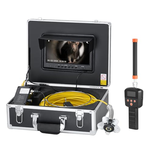 VEVOR Cámara de Alcantarillado con Localizador 512 Hz, 50 m, Cámara de Inspección de Drenaje con Nivelación Automática, Zoom 36X, 12 LED, Tarjeta 32 GB, para Tuberías de Conductos, 320 x 390 x 155 mm