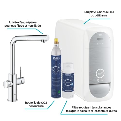 GROHE Blue Home - Grifo monomando de fregadero con función filtro de agua, caño en L, sin gas, con poco gas y con gas